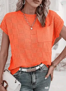 Discover detail of this orange checkered knit top featuring short sleeves and pocket.