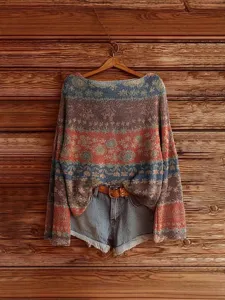 Women Casual Loose Long Sleeve Sweater Boat Neck Digital Printed Pullover Knitwear Deer Velvet Top Fashion Clothing