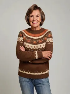 Women crew neck color block loose pullover knit sweater fair isle autumn pumpkin vintage casual top