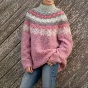 Cozy loose high neck pink knit sweater women fair isle pattern winter pullover top