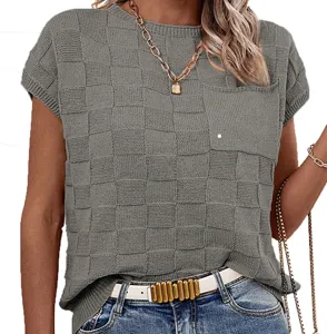 Women gray short sleeve grid knitted top casual commuter crewneck summer fashion shirt