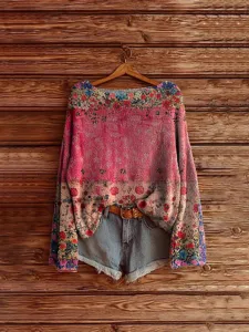 Women casual floral print loose long sleeve knit sweater, stylish pullover top for autumn.