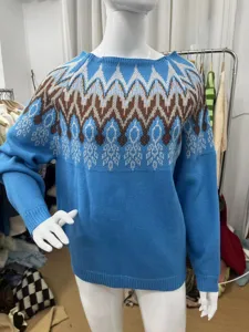 Damen Freizeit Rundhals Farbblock geometrisches Muster langarm lose Strick Pullover Mode