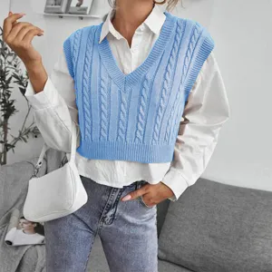 Women blue cable knit V-neck sweater vest casual sleeveless pullover shirt matching top
