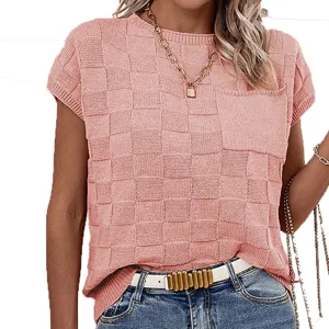 Pink checkered knit short-sleeve top for women, featuring a classic crewneck and chest pocket.