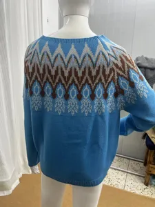 Damen Rundhals Farbblock lose Strick Pullover mit stilvoller geometrischer Muster Passe.
