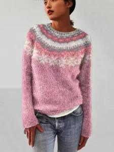 Women's Casual Long Sleeve Crew Neck Color Block Geometric Pattern Pullover Knit Sweater Loose Fashion Winter Top