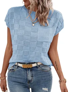 Light blue textured check knit short sleeve top detail showcasing soft fabric and pocket design.