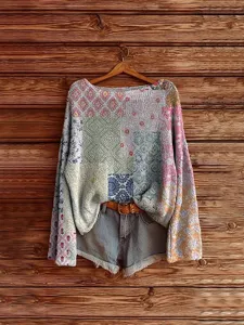Women vintage patchwork long sleeve knit sweater casual loose pullover top for daily wear.