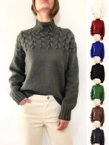 Women's Casual Acrylic Cable Knit Turtleneck Long Sleeve Pullover Sweater Solid Color Loose Fit Winter Warm Top