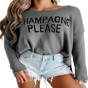 Women casual crewneck knit sweater with letter knit design, comfortable long sleeve pullover top.