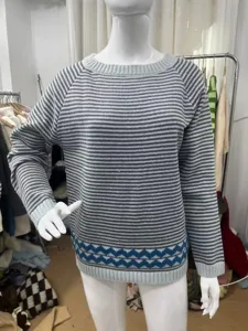 Damen grau weiss gestreifter langarm rundhals strickpullover freizeit pullover top