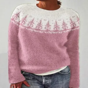 Women's round neck color block long sleeve knit sweater with winter tree pattern pullover
