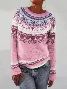 Women's Pink Fair Isle Crewneck Pullover Sweater Casual Long Sleeve Knitwear Fashion
