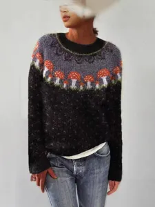 Women's vintage mushroom pattern crew neck knit sweater loose casual long sleeve pullover top
