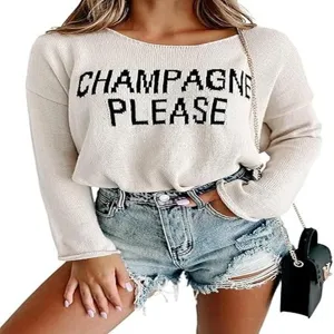 Casual knit sweater featuring statement text detail, long sleeves, comfortable casual wear.