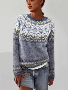 Women Crewneck Colorblock Loose Pullover Knit Sweater Casual Long Sleeve Winter Top