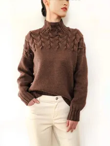 Women's stylish brown cable knit turtleneck long sleeve sweater main daily apparel top