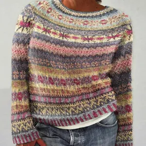 Detailed shot of the colorful patterned knit sweater, showing exquisite cuff and neckline texture.
