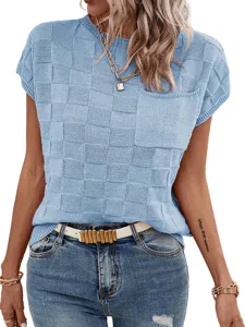 Womens Casual Acrylic Plaid Knitwear Crew Neck Short Sleeve Raglan Sleeve Loose Fit Pullover Knit Top