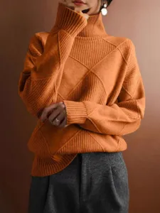 Femme pull orange col roule motif losange tricot manches longues haut elegant automne mode