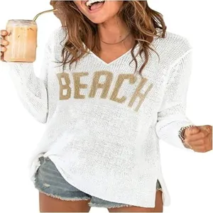 Femme Col V Manches Longues Pull Tricot Casual Printemps Été Pullover De Plage Top
