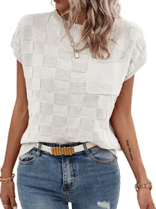 Women's short sleeve knit top casual checkered crewneck summer sweater stylish blouse