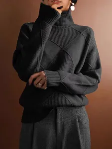 Pull col roule femme manches longues motif argyle tricot chic haut hiver mode elegant