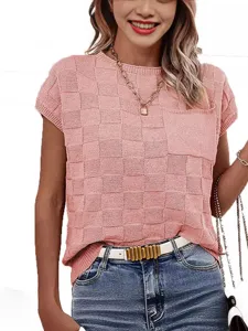 Women Pink Checkered Knit Short Sleeve Top Casual Crewneck Summer Commuter Pullover Blouse