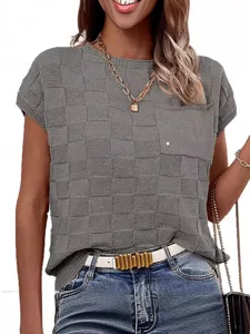 Women's short sleeve knit top casual commuter blouse with textured square pattern.