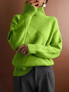 Femme pull en tricot losange col haut vert vif casual pull ample vue principale