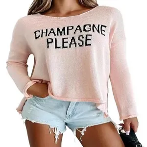 Women casual crewneck knit sweater pink letter print long sleeve pullover top fashion daily wear