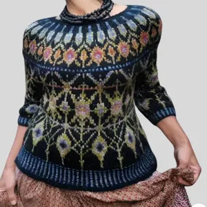 Detailed view of the patterned knit sweater, featuring intricate colorful geometric yoke design.