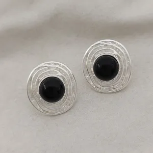 Boucles d'Oreilles Clous Vintage Françaises à Texture Irrégulière Agate Noire Ronde Avec Tige en Argent Sterling 925 Bijoux en Alliage Pour Femme
