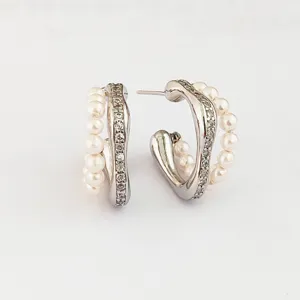 Elégantes Boucles d Oreilles Créoles en Forme de C en Cuivre Avec Strass et Perles Artificielles Avec Tige en Argent Sterling 925 pour Femme