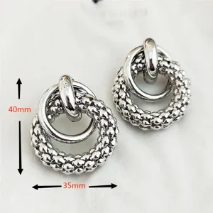 Boucles d'oreilles créoles doubles texturées argentées, bijoux tendance 40x35mm