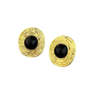 Boucles d'oreilles minimalistes françaises vintage en onyx noir plaqué or texturées pour femmes