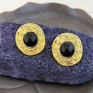 Boucles d'oreilles minimalistes vintage agate noire plaquée or texture irrégulière pour femme