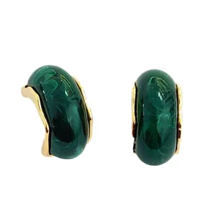Boucles d'oreilles plaqué or vintage en forme de C avec dôme en résine verte, bijoux élégants