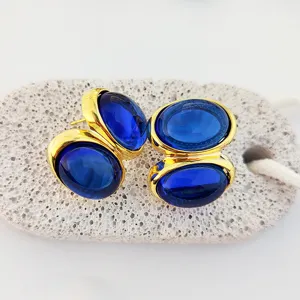 Boucles d'oreilles ovales vintage françaises en pierre précieuse bleue plaquée or 24K