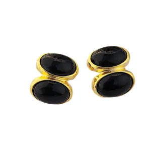 Boucles d'oreilles ovales plaqué or style vintage français avec pierre noire chic élégant