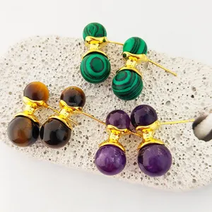 Boucles d'Oreilles Clous Géométriques Double Face en Pierre Naturelle Cuivre pour Femmes Boucles d'Oreilles Malachite Améthyste Oeil de Tigre Luxe Minimaliste Bijoux Cadeau