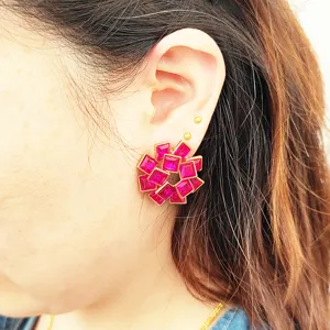 Boucles d'oreilles fleur cristal magenta carré 3D vintage pour femmes style élégant