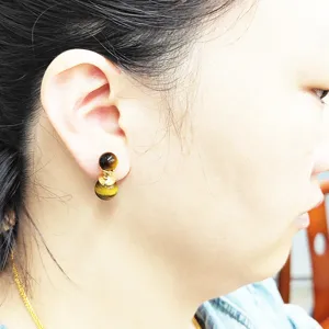 Chics boucles d'oreilles boules double face en pierre œil de tigre naturel, tendance.