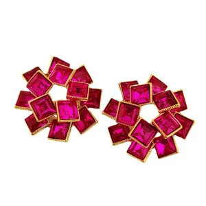 Boucles d'oreilles vintage en cristal magenta carré, bijoux floraux plaqués or 22k.