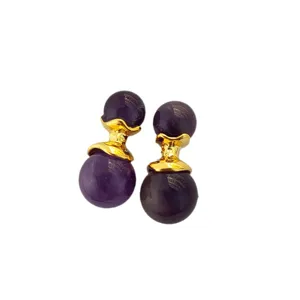 Boucles d'oreilles boule améthyste double face vintage luxe minimaliste plaqué or clous