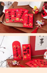 Chinese New Year red envelopes with auspicious patterns and blessing texts for celebrations.