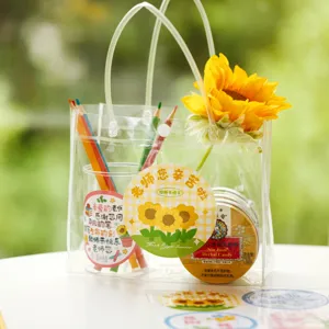Lehrergeschenk Beutel Set mit transparenter PVC Tragetasche, bunten Buntstiften und Aufklebern.