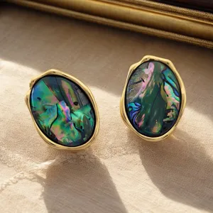 Gros plan de boucles d'oreilles en coquillage d'ormeau naturel au design ovale irrégulier.
