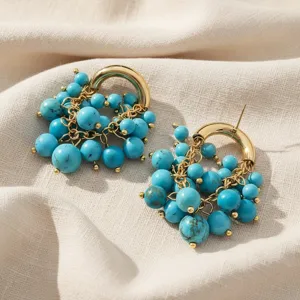Boucles d'oreilles créoles perles turquoise rétro style français bijoux mode femme élégants